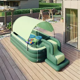 Piscina infantil inflável com toldo espessado pvc grande piscina de remar para crianças com piscinas de deslizamento externo para a família 240328