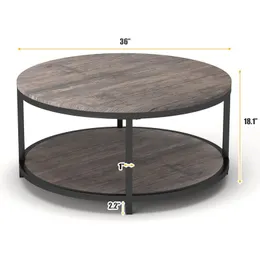 NSDirect Round soffbord, 36 "soffbord för vardagsrum, 2-nivå rustik träskrivbord med förvaringshylla modern design hem