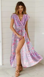 Parti Elbiseleri Happie Queens Yaz Vintage Pembe Çiçek Baskı Bohem Sarma Elbise Kadınlar Moda V Boyun Çat Tie Sashes Maxi Beach Boho