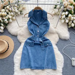 Casual klänningar kvinnor halter hals denim klänning hög midja tunn singel breasted med bältes jeans vestidos för