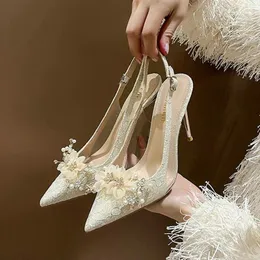 Dress Shoes French Bride Gold Wedding Thin Heel Pointed Shallow Mouth Flower Rhinodrill High Heels Bao Head Fashion Women Sandals