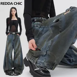 Kvinnors jeans reddachic smutsig tvätt upp och ner baggy kvinnor retro blå pintuck förstörde inverterade casual breda byxor y2k koreanska streetwear