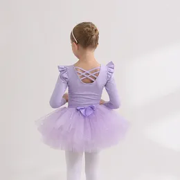 ステージウェア体操バレエ幼児用バレエレオタード女の子の子供たちチュチュスカートダンスジャンプスーツ服衣装フリルフライングスリーブドレス