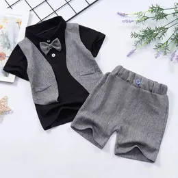 Clothing Sets Boys Summer Solid Color Korean Edition Polo Neck Bow Spliced Short Sleeve Gentleman Handsome Vest Fake Two Piece Children's