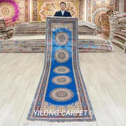 TAPPETS 3'X10 'Galleria della seta persiana Runner blu squisito tappeto orientale annodato a mano (TJ345A)