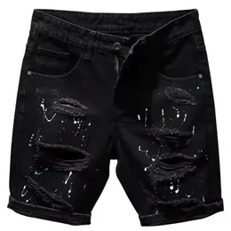 Summer Mens Black Denim Shorts Fashion Washable Elastic Slim Fit Five Point Middle Jeans Shorts 240409