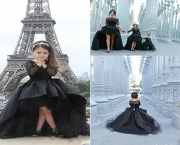 2017 Modest Black High Low Girl039S Pageant Dresses with Long Sleeves Satin Flower Flower Girl for Wedding Party Christma6070042