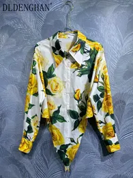Women's Blouses DLDENGHAN Spring Cotton Shirt Long Sleeve Rose Floral Print Vacation Single Breasted Short Tops Designer