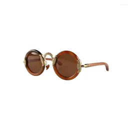 Sunglasses Luxury 3D Cylindrical Solid Red Wood Temples Curved Copper Metal Nose Customized Circular Round Natural Horn