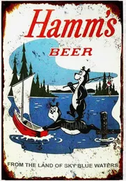 Vintage Tin Hamms Beer Bear Fishing Lake Boat Tin Metal Sign 8x12 Inches2364051