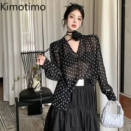 البلوزات النسائية Kimotimo Polka Dot Blouse Women French Flower Halter v Neck Long Long Soulder Tops Camisa Feminina