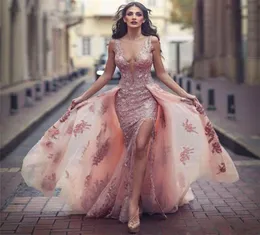 Новое v Neck Amazing Pink Formal Dress Over Skirt Front Appliques Slit Tulle Lace Evening Dress5224362