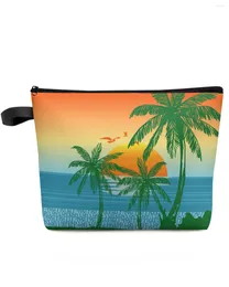 Bolsas de cosméticos Tree de coco Sunset Sunset Seagull Bird Sea Waters Saco de bolsa de maquiagem Bolsa de viagens Essentials Caso de lápis de armazenamento de organizadoras