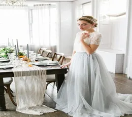 Newest Design Bohemian Wedding Dresses White and Gray Elegant ALine Short Sleeve Sweep Train Lace Tulle Bridal Gowns Vestido De N1106099
