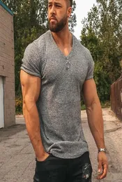 Men V pescoço de manga curta camiseta fitness slim fit esportes tiras de camiseta machos camisetas de moda sólida tops de malha de malha de verão 228015529