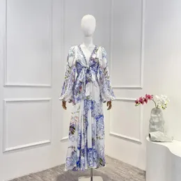 Casual Dresses Women High Quality 2024 Elegant Light Blue Flowers Print Cut Out Knot Front Long Sleeve Midi Dress