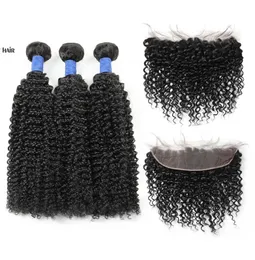 Brazylijska peruwiańska malezyjska indyjskie dziewicze włosy Kinky Curly 3 wiązki z 13x4 koronkowym zamknięciem czołowym 10A Human Hair Extensio8171522