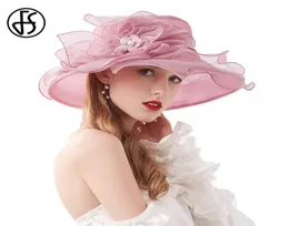 FS Summer Organza Fascynator Kapelusz Suknie Wedding Wedding Church Sukienki Kentucky Hats dla kobiet Eleganckie różowe szerokie grzbiet Fedora 2208121791322