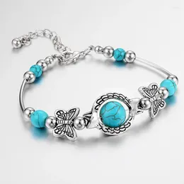 Charm Bracelets Ethnic Style Bohemian Natural Turquoise Butterfly Round Bead Bracelet For Women Summer Beach Decorative Accessories Jewelry