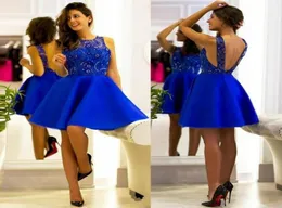 Deslumbrante azul royal pura vestidos de baile curtos renda de renda bola sem mangas 2018 Aline barato para festa de festa curta vestidos de vestes Robe D3466065