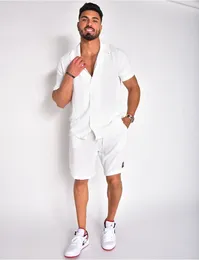 Summer Cotton Linen Shirt Set Mens Casual Loose 2-Piece Suit Home Clothes Pyjamas Comfy Breattable Beach Kort ärmuppsättningar 240403