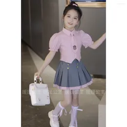 의류 세트 여름 아기 여자 옷 치마 정장 분홍색 줄무늬 셔츠 주름 2pcs 3-14 Teen Kids Girl JK Childer Outfits