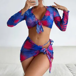 Impressão tropical de roupas de banho feminina de 4 peças Biquíni Setent Women Women Manga Longa Cobertão com Saia Braço Bra Thong Beach fêmea