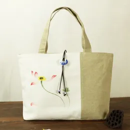 Bolsa pintada à mão literária e artística retro chinês de estilo étnico costura bolsas características desenhadas à mão ombro de lótus