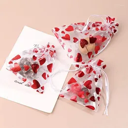 Förvaringspåsar 10st Red Love Heart Organza Wedding Party Gift Candy Drawstring Bag For Christmas Valentines Day Jewellery Display Pouch