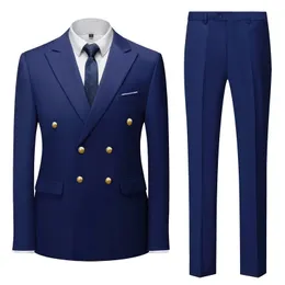 Fashion Mens Casual Boutique Double Breasted Suit Byxor / Mans Business Suit Jacket Blazers Coat Pants 2 PCS Set 240401