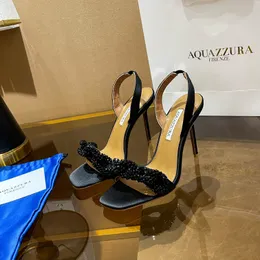 Arka kayış aquazzura sandaletler katırlar akşam ayakkabıları kristal dekorasyon pompaları kadınlar açık ayak parmakları elbise ayakkabı stiletto topuklu lüks tasarımcılar fabrika ayakkabıları kutu
