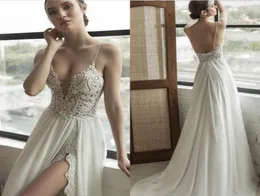 2019 Julie Vino Beach Vestidos de noiva lateral Spaghetti Sweep Lace Aplique Sexy Boho Transform