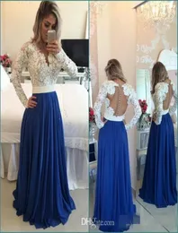 Real Image Modest White and Blue Beach Evening Dresses Lace Long Sleeves Sexy Backless Plus Size Prom Dressess Party Gown3635380
