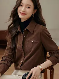 Vintage Cropped Corduroy Blouses Women Casual Korean Fashion Chic Elegant Shirts Female Streetwear Button Up Shirts Blusas Tops 240407