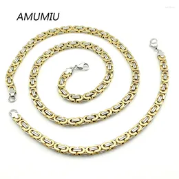 أقراط القلادة مجموعة Amumiu Mens 6mm 316L سوار الفولاذ المقاوم للصدأ مجموعات سلسلة رابط Byzantine Gold Silver Color Massion Jewellery KTZ091