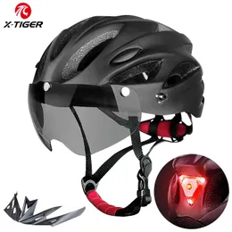 Xtiger Bicycle Helmet Goggles LED Light Cycling IntegrallyMolded MTB Bike Adult Road Sport Safety Cap 240401