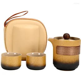 찻잔 세트 Chinoiserie Mutton-Fat Jad Tea Tea 세트 여행 Kungfu 가죽 가방 포장 자체 사용 중국 스타일 선물