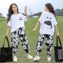 Giyim Setleri 2024 Sonbahar Çocuklar Günlük Beyaz Çocuklar Set Kızlar Giysileri Kısa Panda Gevşek T-Shirt Ayak Bileği Pantolon Gençler 5 6 11 12 Yıl