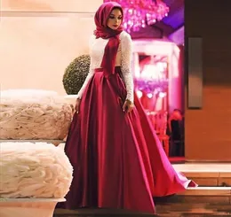 2019 elegante muçulmano A Line Prom Vestes de mangas compridas marfim e renda vermelha acetin hijab formal noite vestido de piso 50077772