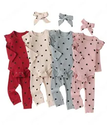 Heart Printed Girls Outfits Infant Baby Long Sleeve Rompers Toddler Ruffle Onesies Girls Elastic Trousers Headband Kids Cartoon Se3430941