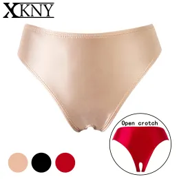 Byxor xckny satin glansig thong olja smidig öppen gren thong sport byxor bottnar underbyxor sexiga underkläder