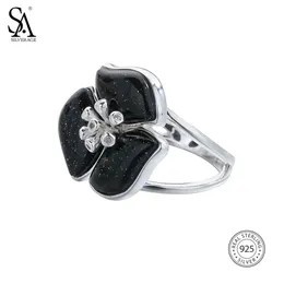 SA Silrage Jewelry Fine Black Ladies Rings com strass 925 Sterling Silver Aventurine Flower Rings Anel de casamento para mulheres 240403