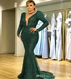 Zuhair Murad 2019 Dark Green Beading Pearls Mermaid Evening Dreess Deep V Neck Prom Dress Long Sleeves Plus 공식 Part9753813