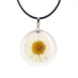 Anhänger Halsketten 1PC Daisy getrocknete Blumen Halskette transparent rund natürliche Harz Sonnenblumen Blütenblätter handgefertigt Frauen Geschenkparty Schmuck