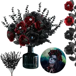Flores decorativas 40 PCs Halloween Rosas pretas e ensanguentadas com espases de rosa de rosa falsas eucalipto caules
