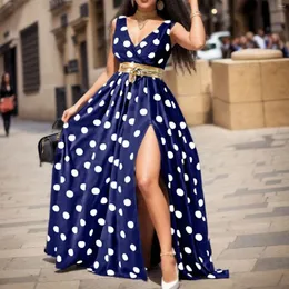 Casual Dresses 2024 Floral Printed Mid-waist Sexy Split Long Dress Commute Style Elegant Waist Belt Included Fashionable Women Party Wear