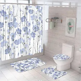 Shower Curtains Sky Blue Flower Curtain Set Garden Plant Floral Spring Bathroom Non-Slip Bath Mat Pedestal Rug Lid Toilet Cover
