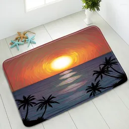 Badmatten Ozeanlandschaft Nicht-rutsches Badezimmer Matte Strand Palme Pflanzen Boot Sonnenuntergang Landschaft Inneneingangs Fußmatte absorbierender Heimteppich