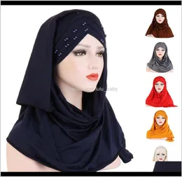Kvinnor Plain Turban Bead Amira Hijab Scarf Head Wrap Pull On Instant Shawl Muslim Hijabs Ready to Wear Headscarf Islamic Cap Hat 5C6651806