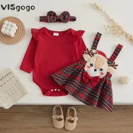 Zestawy odzieży Visgogo 3PCS Baby Girl Ubranie świąteczne strój Ruffle Romper Romper Cartoon Elk Elk Plaid A-Line Line Spódnica